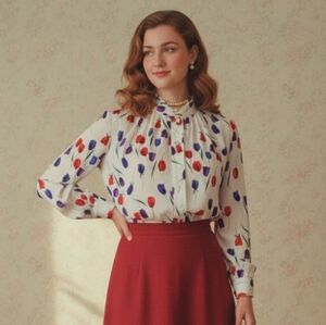 LG Tulip Floral Button Down Blouse Shirt Vintage Koret Red Blue Purple White